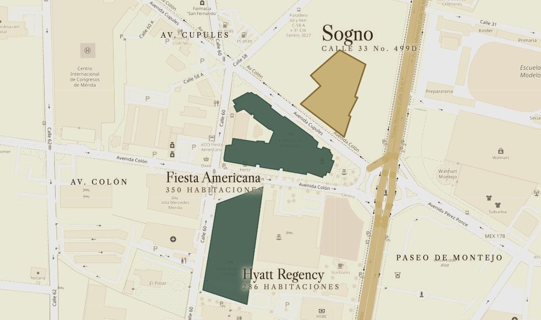Mapa con el predio de Sogno, Fiesta Americana, Hyatt Regency y Paseo de Montejo