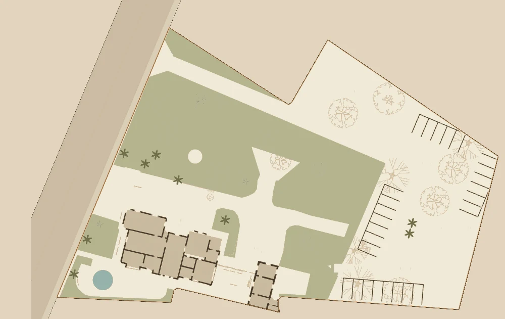 Planta de conjunto: jardín, casa y estacionamiento
